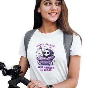 White Short Sleeve Graphic Print T Black & Purple Cute Reaper Splish Splash